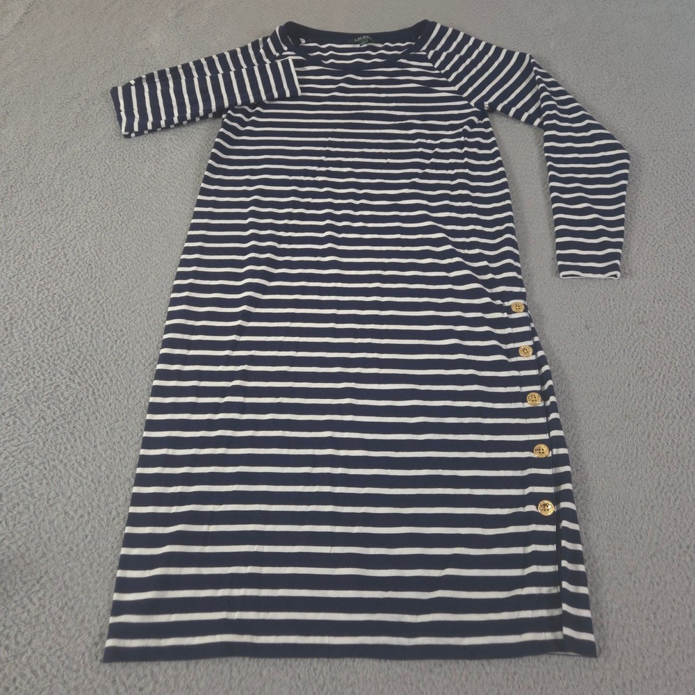 Lauren Ralph Lauren Dress Womens L Navy Breton-Stripe Jersey Midi Gold Button